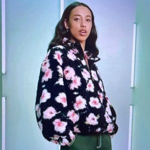 Sandy Liang x Target Floral Black Teddy Sherpa Half Zip Jacket